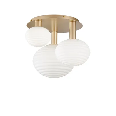 Plafoniera in metallo oro satinato e vetro soffiato bianco, 3 diffusori, 3 lampadine E27, 53.5x48cm