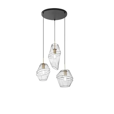 Lampadario a sospensione in metallo nero e oro, 3 luci E27, 42x150cm