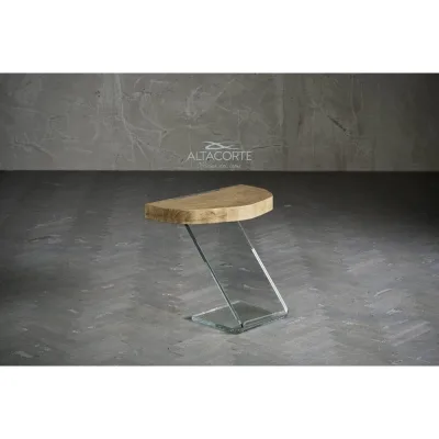 Altacorte Tavolino Leaf 04 con struttura in vetro e piano in legno da 65x42 cm
