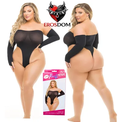 Premium Body & guanti Lingerie Sexy Teddy Nero Plus Size XL 2XL 3XL