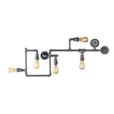 Plafoniera stile industrial zincato in metallo invecchiato, 5 luci E27, 109x47cm