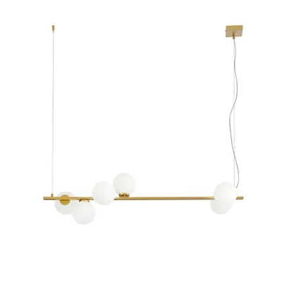 Sospensione lineare in metallo oro e vetro bianco, 6 diffusori, 120x150cm