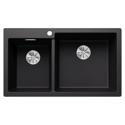 Blanco Lavello due vasche (vasca grande dx) PLEON 9 Platinum 5525958 finitura nero da 86x50 cm - Sopratop