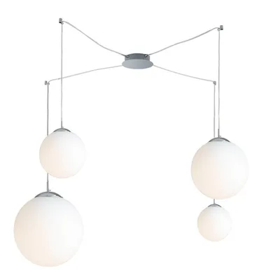 Sospensione sferica in vetro bianco, 4 pendenti, lampadine E27, 250cm