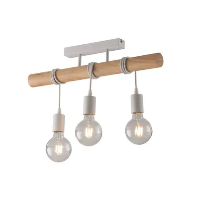 Plafoniera in legno naturale e metallo bianco opaco, 3 luci E27, 55x25cm