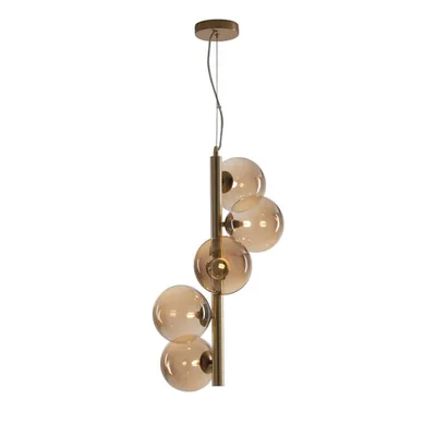 Lampadario in metallo oro e vetro soffiato champagne, 5 diffusori, 36.1x183cm
