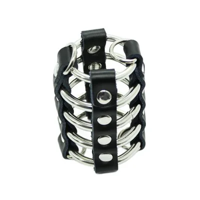 OHMAMA Fetish Gabbia Pene 5 Anelli Metallo Pelle BDSM Regolabile Uomo Cage