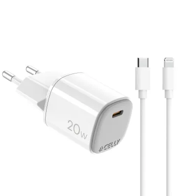 CELLY USBC WALL CHG GAN 20W+LIGHTN CABLE UPTC1USBC20WCTL