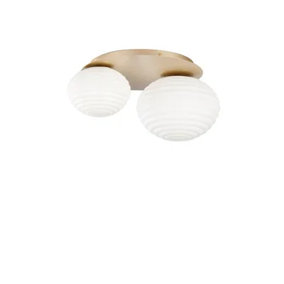 Plafoniera in metallo oro satinato e vetro soffiato bianco, 2 diffusori, 2 lampadine E27, 45x35cm
