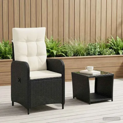 Nyra — Poltroncina reclinabile con tavolino, nero e vetro, polyrattan