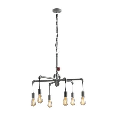 Lampadario a sospensione stile industrial zincato in metallo invecchiato, 6 luci E27, 71x146cm
