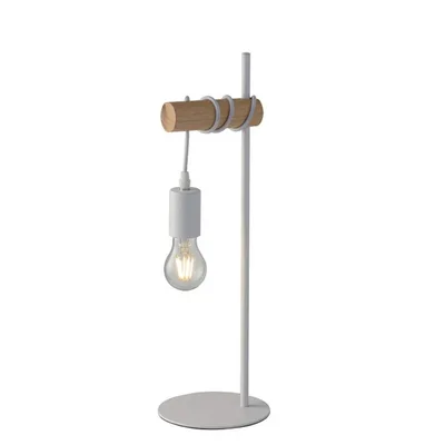 Lampada da tavolo in legno naturale e metallo bianco opaco, 1 luce E27, 16x50.5cm