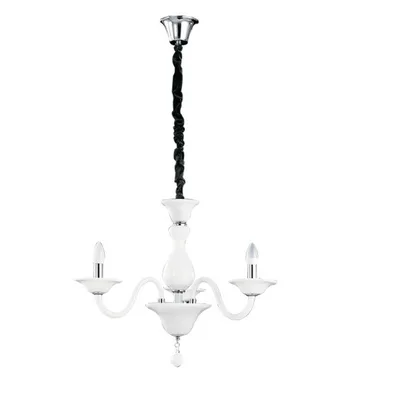 Lampadario a sospensione bianco e cromo in vetro soffiato, 3 luci E14, 66x120cm