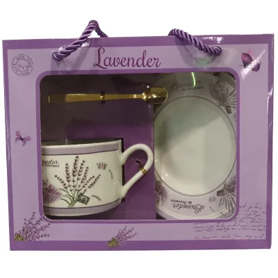 Tazza con Piattino e Cucchiaino “Lavender de Provence” Set da Tè in Porcellana con Scatola Regalo