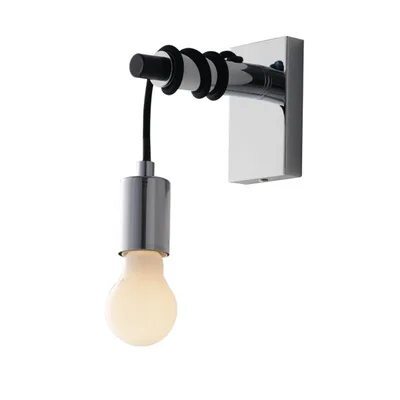 Applique in metallo cromato e cavo in tessuto nero, lampadina E27, 15.5x43cm