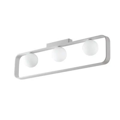 Plafoniera moderna in alluminio bianco goffrato e vetro bianco, 3 diffusori, 80x20.5cm