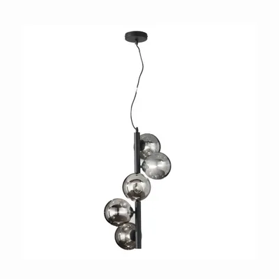 Lampadario in metallo nero e vetro soffiato grigio fumè, 5 diffusori, 36.1x183cm