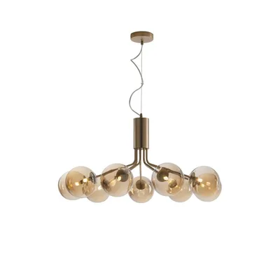 Lampadario in metallo oro e vetro soffiato champagne, 9 diffusori, 83.4x161cm