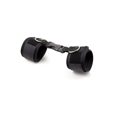 Manette BDSM nere regolabili nylon Velcro anelli metallici chiusura clip