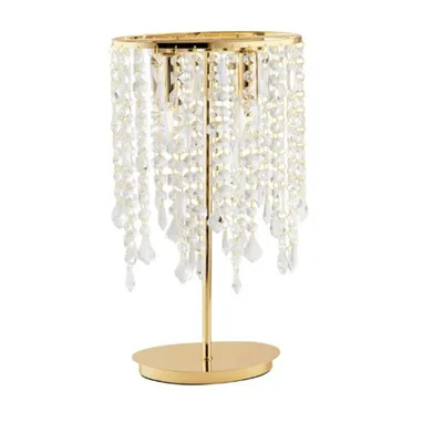 Lampada da tavolo elegante con pendenti in cristallo oro e trasparente, 2 luci E14, 25.5x44.5cm