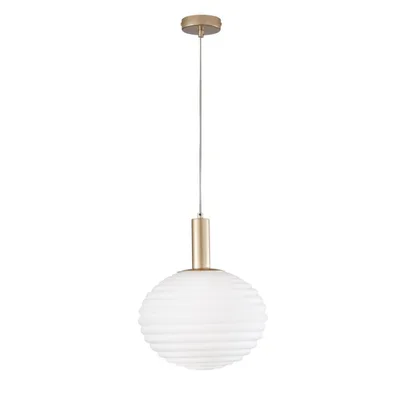 Sospensione in metallo oro e vetro soffiato bianco, una lampadina E27, 32x150cm
