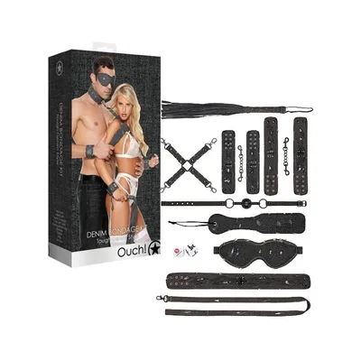 Denim bondage kit completo set per coppie collare giunzaglio manette frustino maschera cavigliere