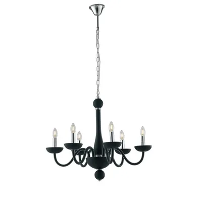 Lampadario nero in vetro soffiato, finiture cromate, 6 luci E14, 74x178cm