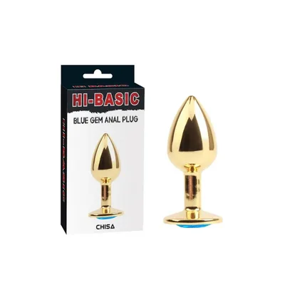 Plug anale piccolo metallo dorato base gioiello blu sex toy 7,1 cm