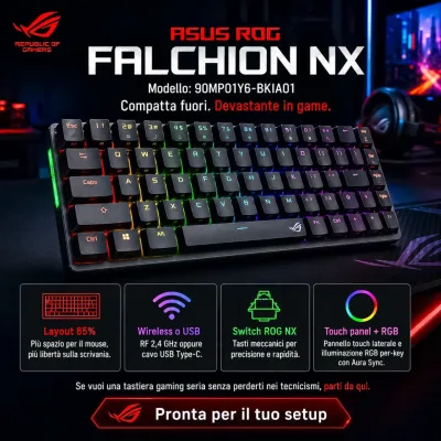 ASUS ROG Falchion NX Tastiera Gaming Meccanica 65% Wireless da Gaming, Illuminazione Aura Sync, Switch Cherry MX RGB, Pannello Touch Interattivo
