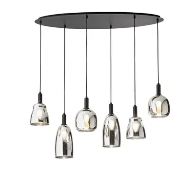 Sospensione a 6 luci nera in vetro cromo, lampadina E14, 150x101cm