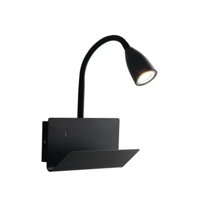 Applique da parete nera in metallo con mensola, 1 luce GU10, presa USB, 23x49cm