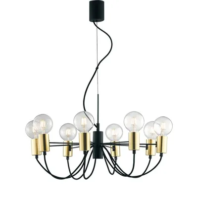 Lampadario a sospensione minimal oro e nera in metallo e tessuto, 8 luci E27, 66x143cm