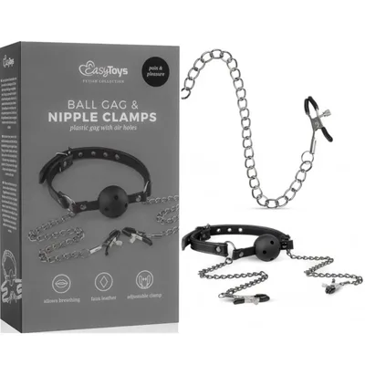 Pinzette per capezzoli con catene al morso bavaglio ball gag nero Easy Toys