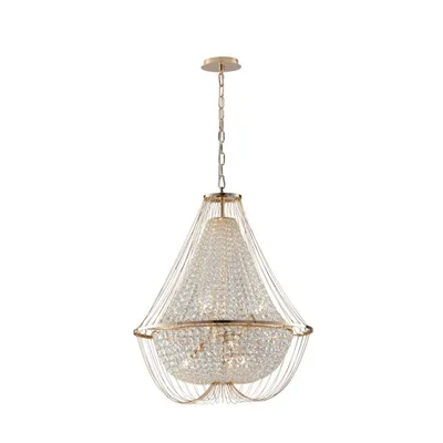 Lampadario a sospensione in metallo e cristalli K9 oro, 6 luci E14, 60x120cm