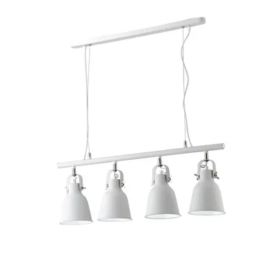 Lampadario a sospensione in metallo bianco, interno bianco, rifiniture in nichel, 4 luci E27, 85.5x179cm