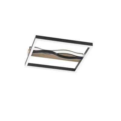 Plafoniera moderna quadrata in metallo nero con base in legno, 1 LED 40W, CCT, 40x40cm