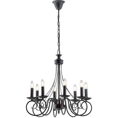 Lampadario a sospensione classico in metallo antracite, 8 luci E14, 63x120cm