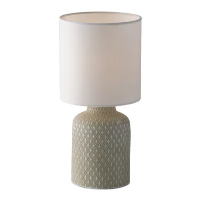 Lumetto in ceramica decorata grigia, paralume in tessuto, 1 luce E14, 15x32cm
