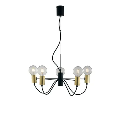 Lampadario a sospensione minimal oro e nera in metallo e tessuto, 5 luci E27, 60x143cm