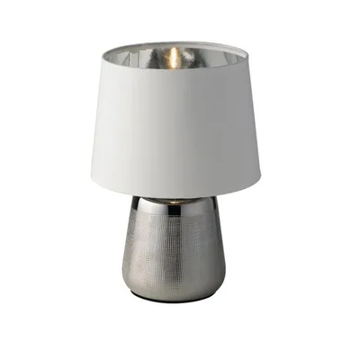 Lumetto in ceramica argento, paralume in tessuto, 1 luce E14, 17x29cm