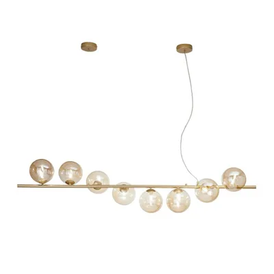 Sospensione lineare in metallo oro e vetro soffiato champagne, 8 diffusori, 145x165cm
