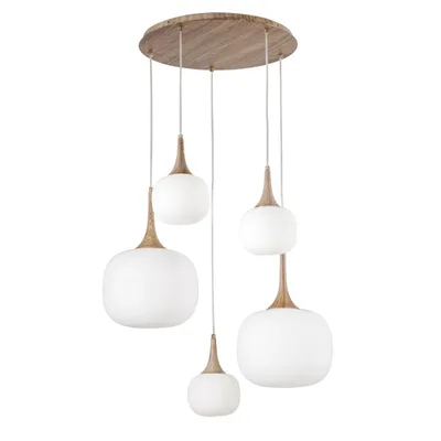 Sospensione in metallo con 5 diffusori in vetro bianco, lampadine E27 + E14, 70x200cm