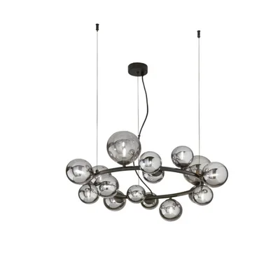 Sospensione in metallo nero e vetro soffiato grigio fumè, 16 diffusori, 82x161cm