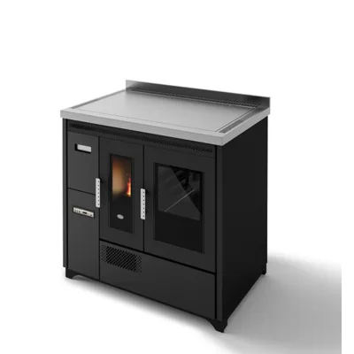 Eva Calòr Cucina a pellet ventilata con piano in acciaio ENRICA 901669600 finitura nero