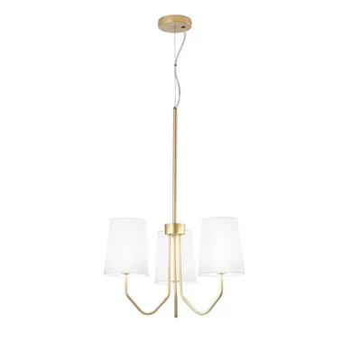 Sospensione in metallo oro con paralumi in tessuto, 3 luci E14, 50x150cm