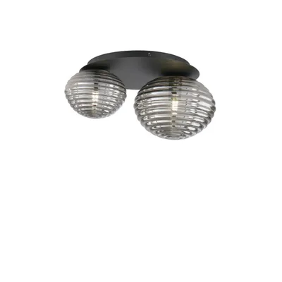 Plafoniera in metallo nero e vetro soffiato cromo, 2 diffusori, 2 lampadine E27, 45x35cm