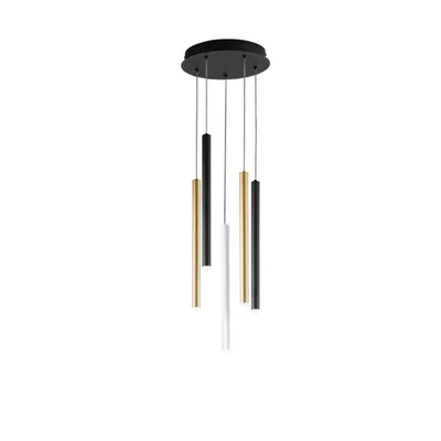 Sospensione moderna in ferro e diffusori oro, bianco e nero, 5 LED 35W, CCT, 25x200cm