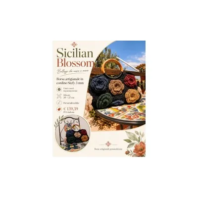 BORSA ARTIGIANALE "SICILIAN BLOSSOM" CON FIORI IN CORDINO STEFY 3mm