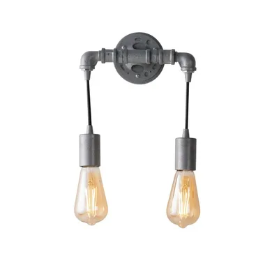 Applique stile industrial zincato in metallo invecchiato, 2 luci E27, 23x26cm