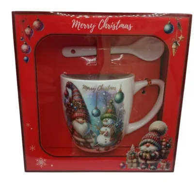 Set Tazza Natalizia con Cucchiaino – Disegni Natalizi Gnomi e Pupazzo di Neve Idea Regalo “Merry Christmas”